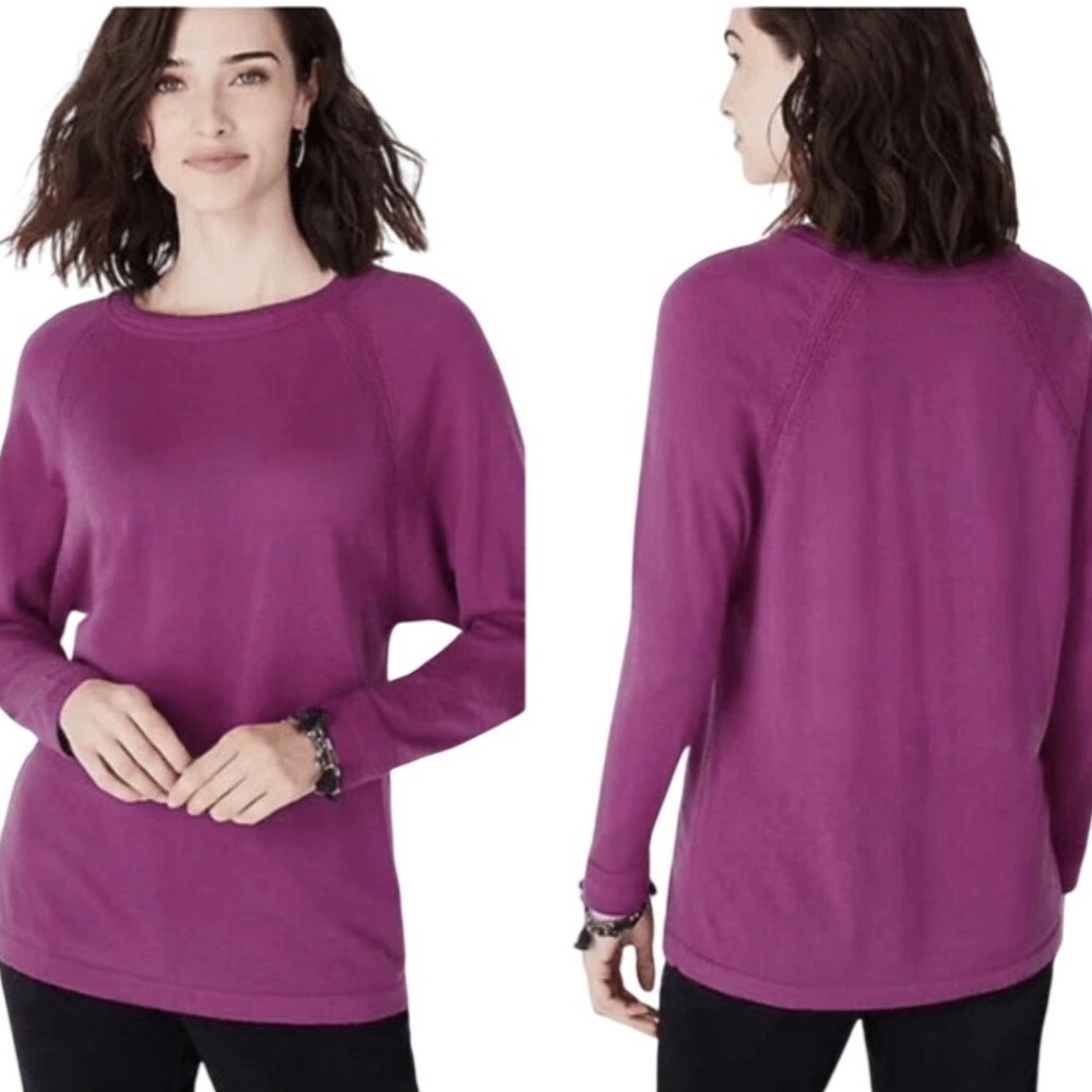 J.Jill Wearever Washable Merino Wool Pointelle Raglan Sweater Purple MP Medium P